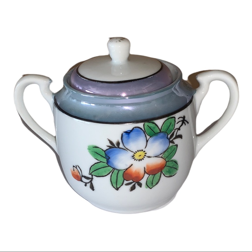 Vintage Asian Japanese Lustreware Sugar Bowl & Lid Gold Trim Floral Hand Painted